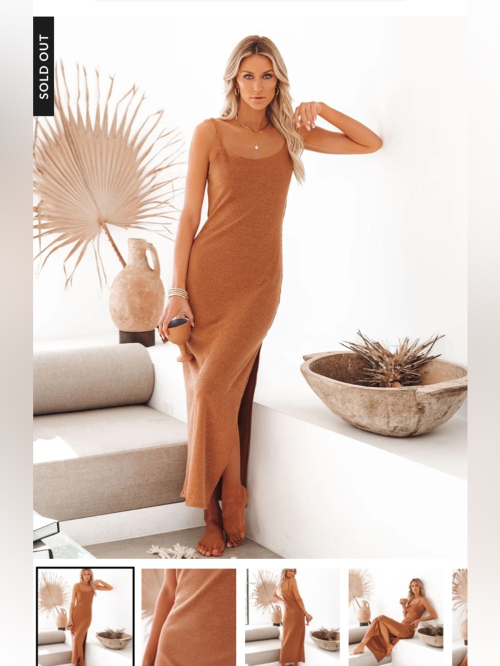 Vici & Hayley Luna Ribbed dress Carmel brown tan midi S Small spaghetti straps